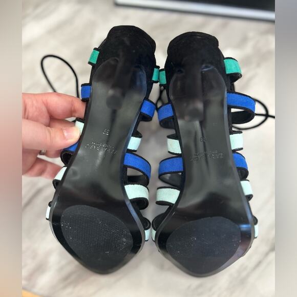 Zara Blue, Black & Green Caged Lace Up Gladiator Heels - Picture 4 of 8